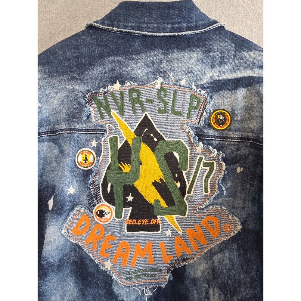 Dreamland Mens Denim Shirt Shacket M Distressed Embroidered Graphic Designer